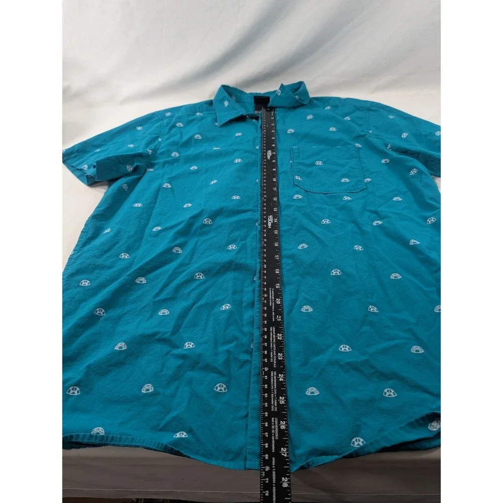 The North Face Button Up Shirt Mens XL Teal Blue AOP Geometric Short Sleeve